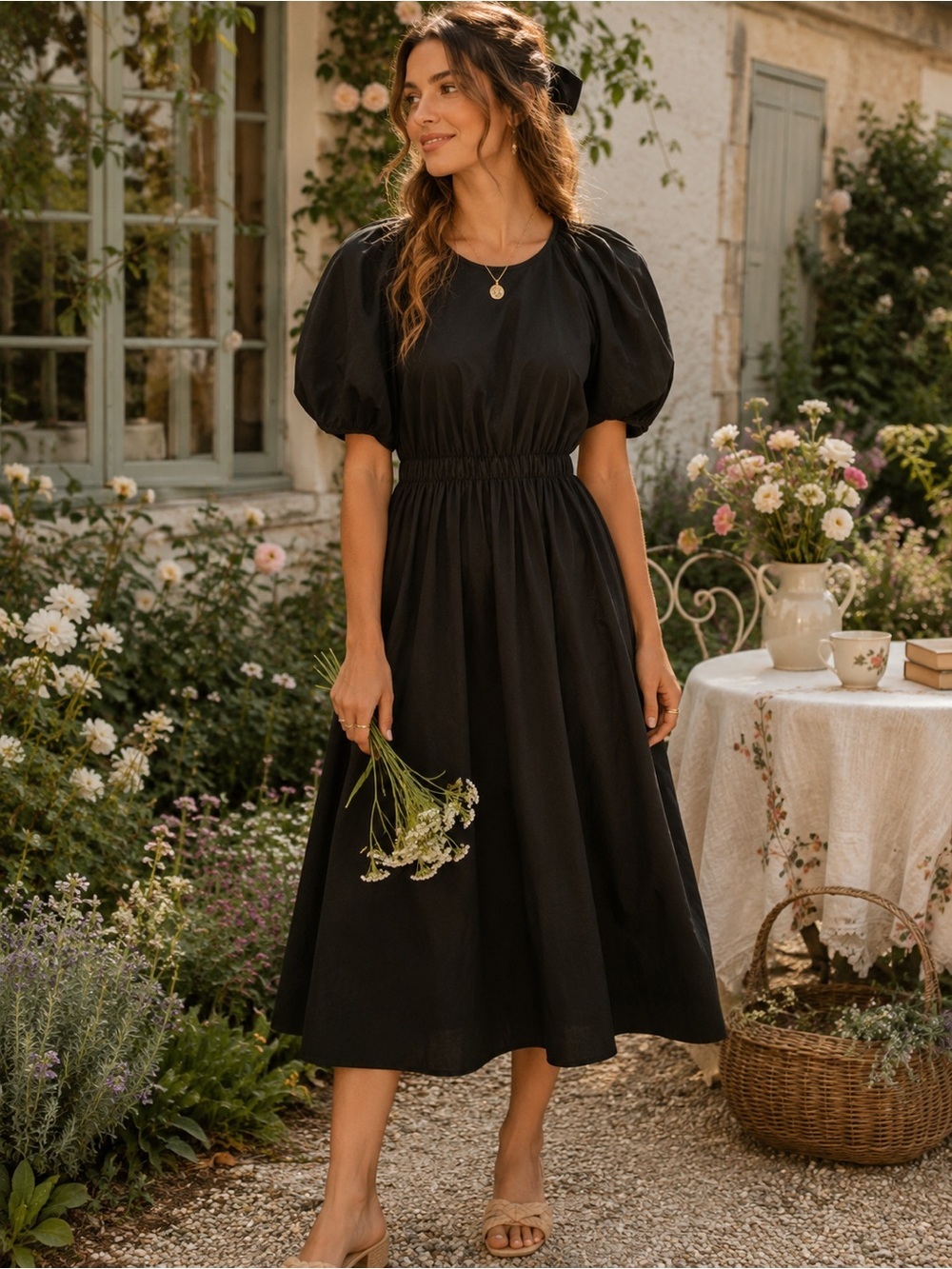 Black Puff-Sleeve Midi Dress with Elastic Waist - Picture 2 of 11